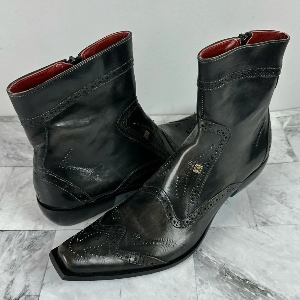 Black Leather Wingtip Ankle Boots with Side Zip
